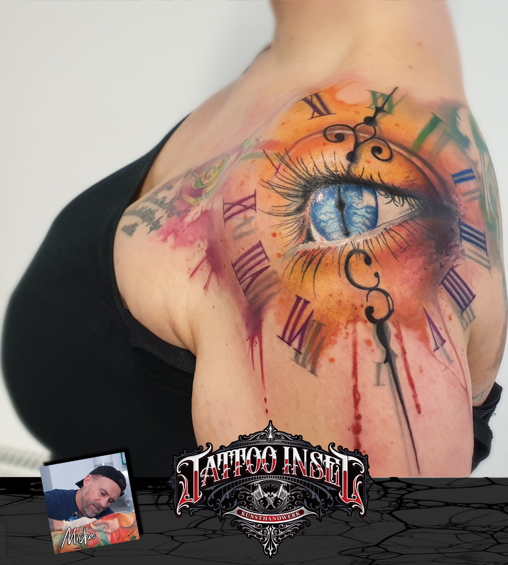 auge watercolour time uhr tattoo tattooinsel